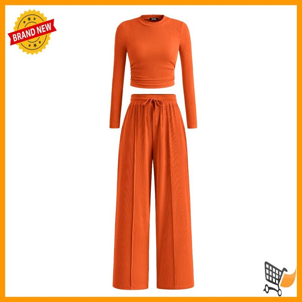 Ribbed Knit Lounge Set Long Sleeve Crop Top Wide Leg Pants Matching Outfit